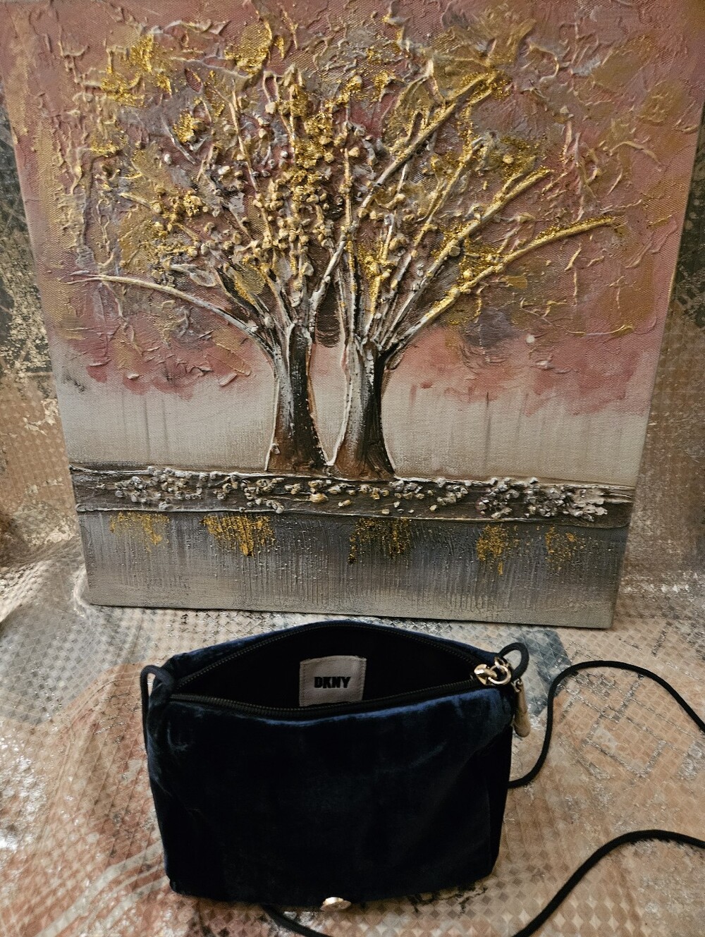 DKNY   Velvet Navy Crossbody Bag with Rhinestone Accent